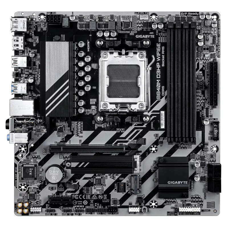 GIGABYTE B840M D3HP WIFI6E Micro ATX Motherboard — AMD Sockel AM5, B840, 4x DDR5 bis 8200MHz OC, 2x PCIe 4.0 M.2, Wi‑Fi 6E, 1GbE