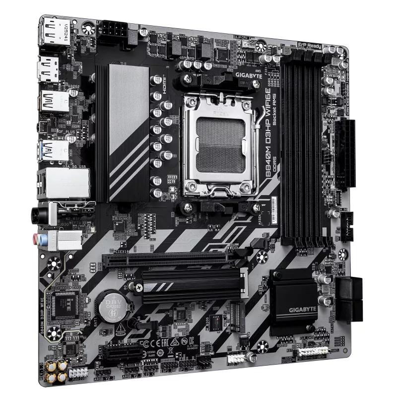 GIGABYTE B840M D3HP WIFI6E Micro ATX Motherboard — AMD Sockel AM5, B840, 4x DDR5 bis 8200MHz OC, 2x PCIe 4.0 M.2, Wi‑Fi 6E, 1GbE