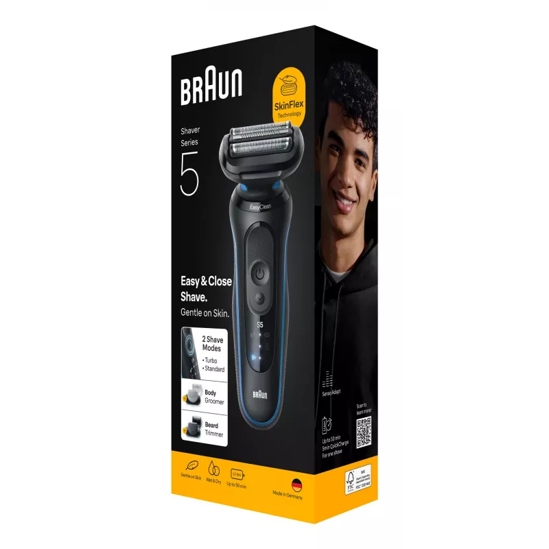 Foliierrasierer BRAUN Series 5 52-B1650S – 3-fach Klinge, Li-Ion Akku, Nass- & Trockenrasur, Trimmer, Blau