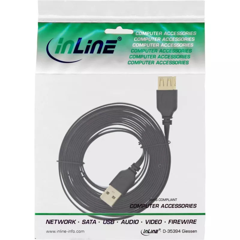 InLine USB 2.0 Flachkabel Typ A Stecker / Buchse vergoldet schwarz 2m