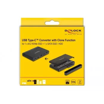 DeLOCK USB Typ-C Konverter für M.2 NVMe SSD und SATA SSD/HDD Klon-Funktion
