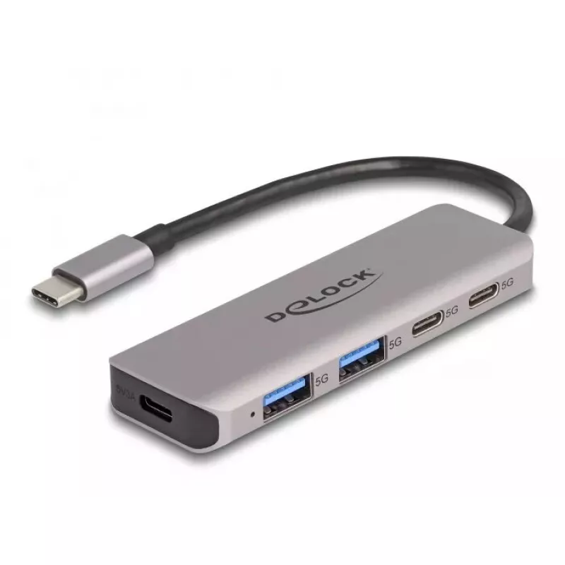 DeLOCK USB Hub 5 Gbps 2 Port USB Type-C und 2 Port Type-A Grau Metall