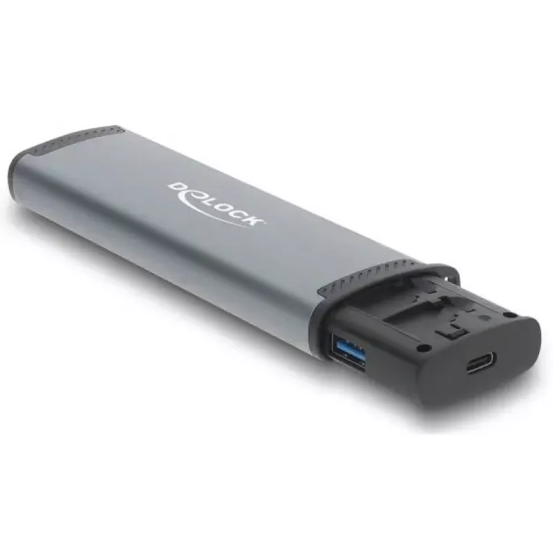 Kartenleser DELOCK USB 5 Gbps mit SD- und MicroSD-Steckplätzen, USB 3.2 Gen 1 Typ-A/Typ-C, Kabel und Adapter, schwarz/grau