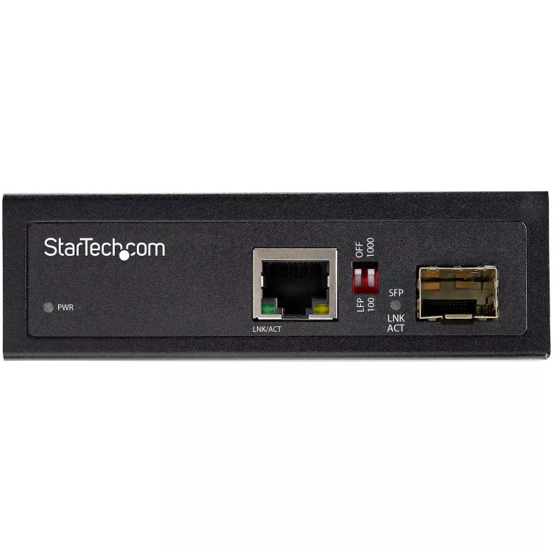 StarTech.com Industrieller Glasfaser-zu-Ethernet-Medienkonverter – 10/100/1000 Mbit/s SFP auf RJ45/Cat6 – Singlemode/Multimode optische Faser zu Kupfer Gigabit-Netzwerk – 12-56V DC – IP-30/ -40 bis +75°C