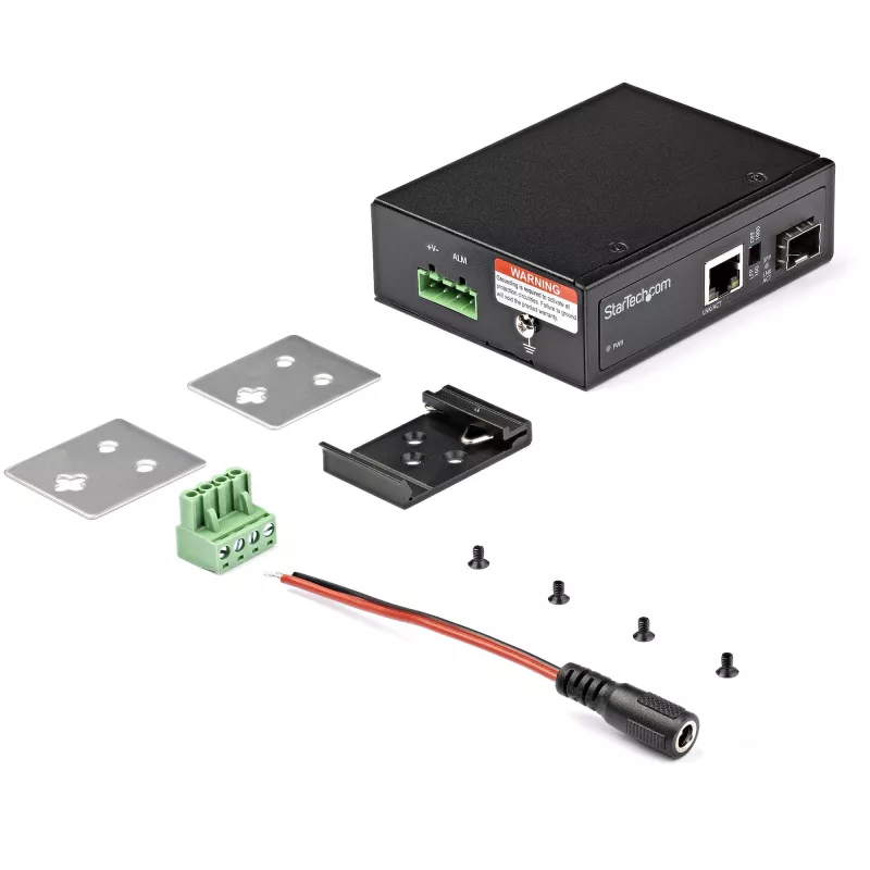 StarTech.com Industrieller Glasfaser-zu-Ethernet-Medienkonverter – 10/100/1000 Mbit/s SFP auf RJ45/Cat6 – Singlemode/Multimode optische Faser zu Kupfer Gigabit-Netzwerk – 12-56V DC – IP-30/ -40 bis +75°C