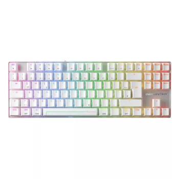 Kabellose Gaming-Tastatur CHERRY MX 8.2 Pro TMR — Tenkeyless, QWERTZ Deutsch, USB + RF + Bluetooth, RGB, Silber/Weiß