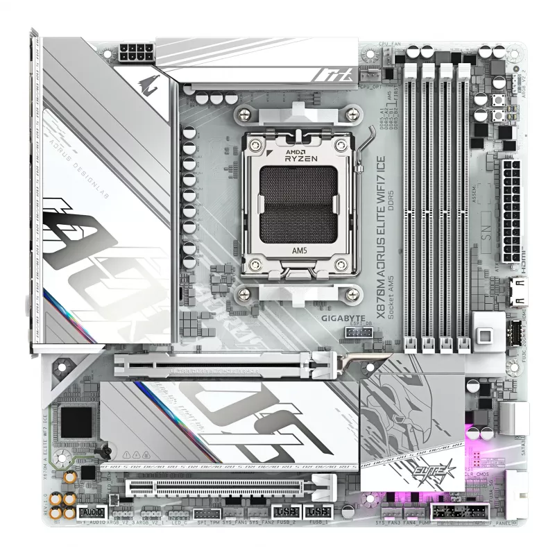 GIGABYTE Mainboard X870M AORUS ELITE WIFI7 ICE — Micro ATX, AMD X870, Sockel AM5, DDR5 bis 8200MHz (O.C), 14+2+2 VRM, PCIe 5.0, Wi‑Fi 7, 2,5 GbE, USB4