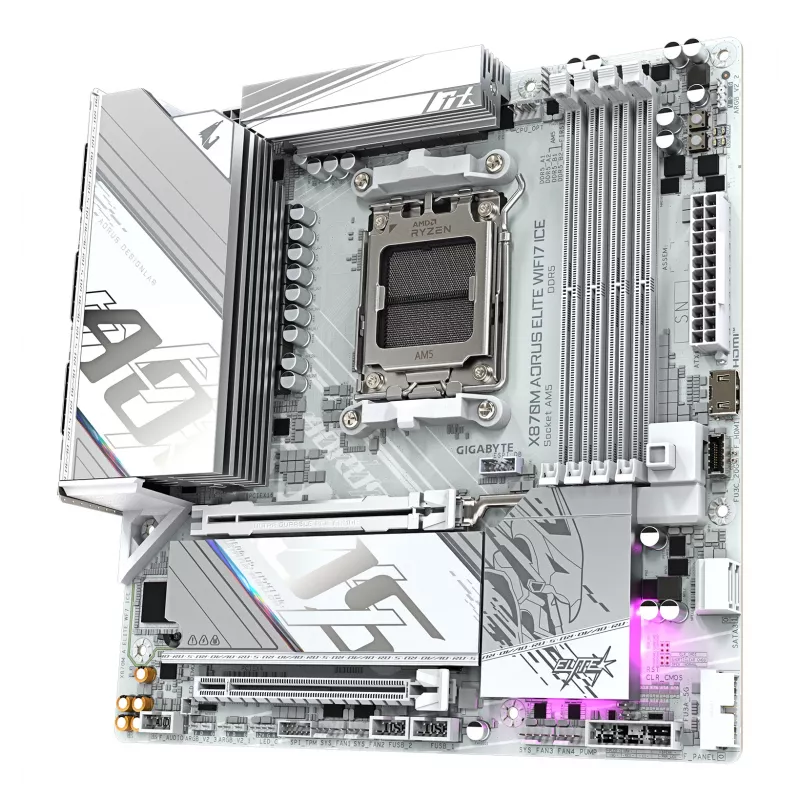 GIGABYTE Mainboard X870M AORUS ELITE WIFI7 ICE — Micro ATX, AMD X870, Sockel AM5, DDR5 bis 8200MHz (O.C), 14+2+2 VRM, PCIe 5.0, Wi‑Fi 7, 2,5 GbE, USB4