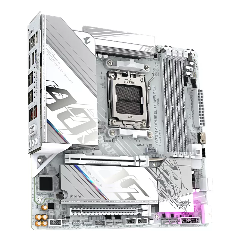 GIGABYTE Mainboard X870M AORUS ELITE WIFI7 ICE — Micro ATX, AMD X870, Sockel AM5, DDR5 bis 8200MHz (O.C), 14+2+2 VRM, PCIe 5.0, Wi‑Fi 7, 2,5 GbE, USB4