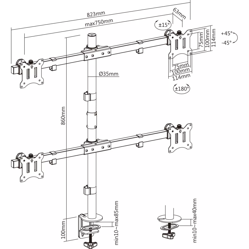 InLine Tischhalterung für 4x TV / LED / TFT Anzeige bis 81cm 32 Zoll max. 9kg