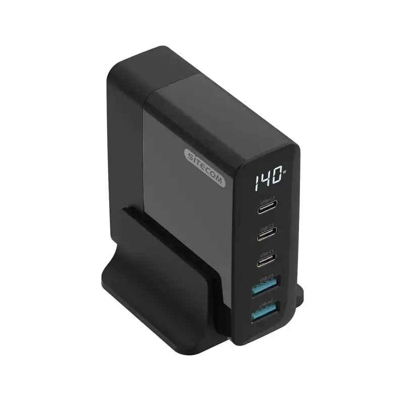 Mobile device charger Sitecom CH-1004 — Universal AC indoor charger, 100–240V input, up to 20V output, 3× USB-C, Schwarz