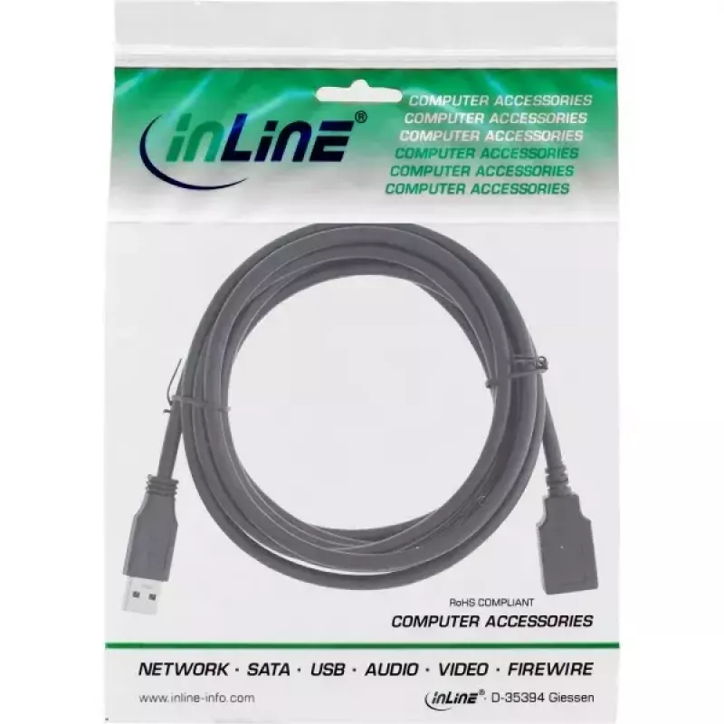 USB 3.2 Gen 1 (USB 3.0) Verlängerungskabel A-Stecker–A-Buchse, InLine, 2 m, schwarz — 50er-Pack