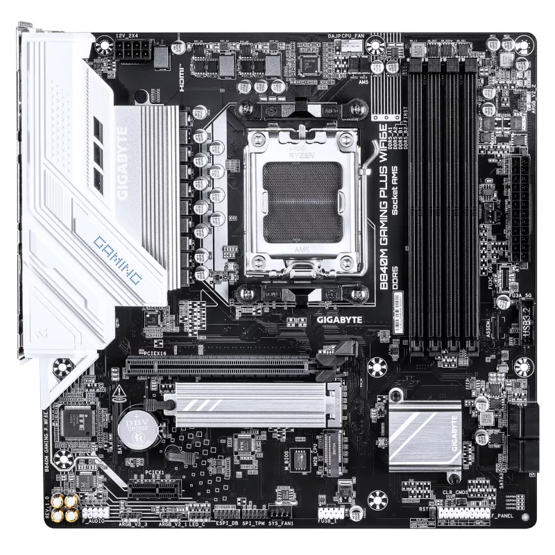 GIGABYTE B840M GAMING PLUS WIFI6E Motherboard - AMD Ryzen 9000 CPUs, 8+2+2 Phases VRM, bis zu 8200MHz DDR5 (O.C), 2x PCIe 4.0 M.2, Wi-Fi 6E, 1GbE LAN, USB 3.2 Gen 2