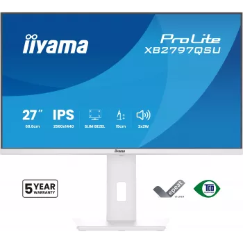 27 Zoll IIYAMA ProLite XB2797QSU-W1 IPS Quad HD (2560x1440) LED-Monitor, 178° Betrachtungswinkel, USB 3.2 Hub, Lautsprecher, VESA, höhenverstellbar, weiß