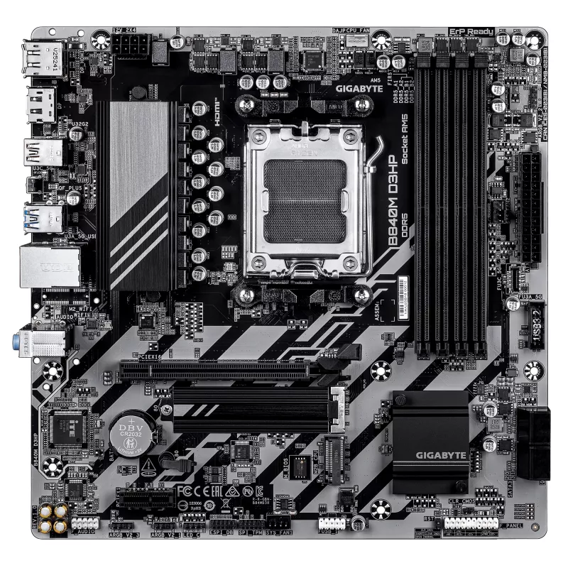 GIGABYTE B840M D3HP Motherboard - AMD Ryzen 9000 CPUs, 8+2+2 Phasen VRM, bis zu 8200MHz DDR5(O.C), 2xPCIe 4.0 M.2, 1GbE LAN, USB 3.2 Gen 2