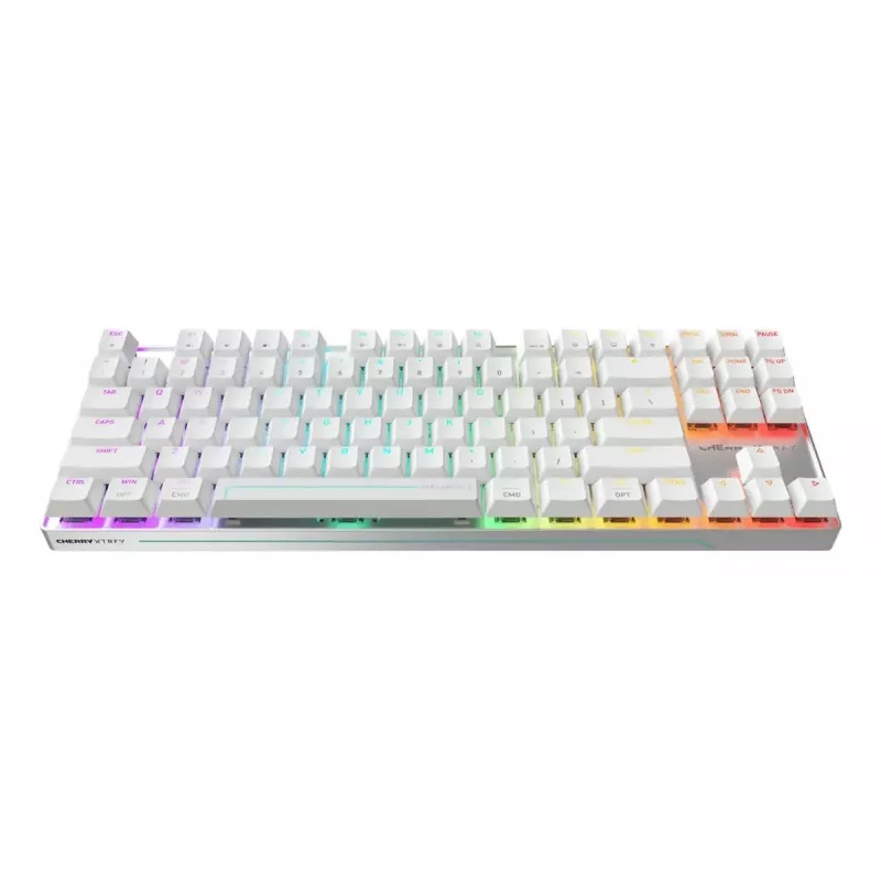 Kabellose Gaming-Tastatur Cherry MX 8.2 Pro TMR – Tenkeyless 88-Tasten, USB + RF + Bluetooth, magnetisch-mechanische Switches, RGB, Silber/Weiß