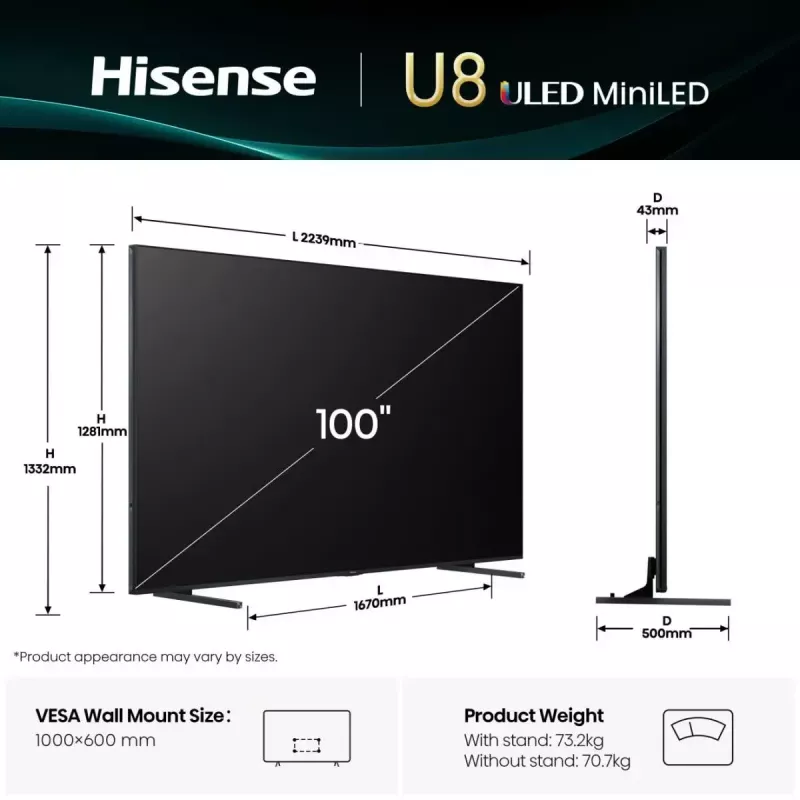 TV Hisense 100U8Q 100 Zoll (253 cm) 4K ULED Smart TV Mini LED, VIDAA, Wi‑Fi, DVB-T2/C/S2, Schwarz/Grau