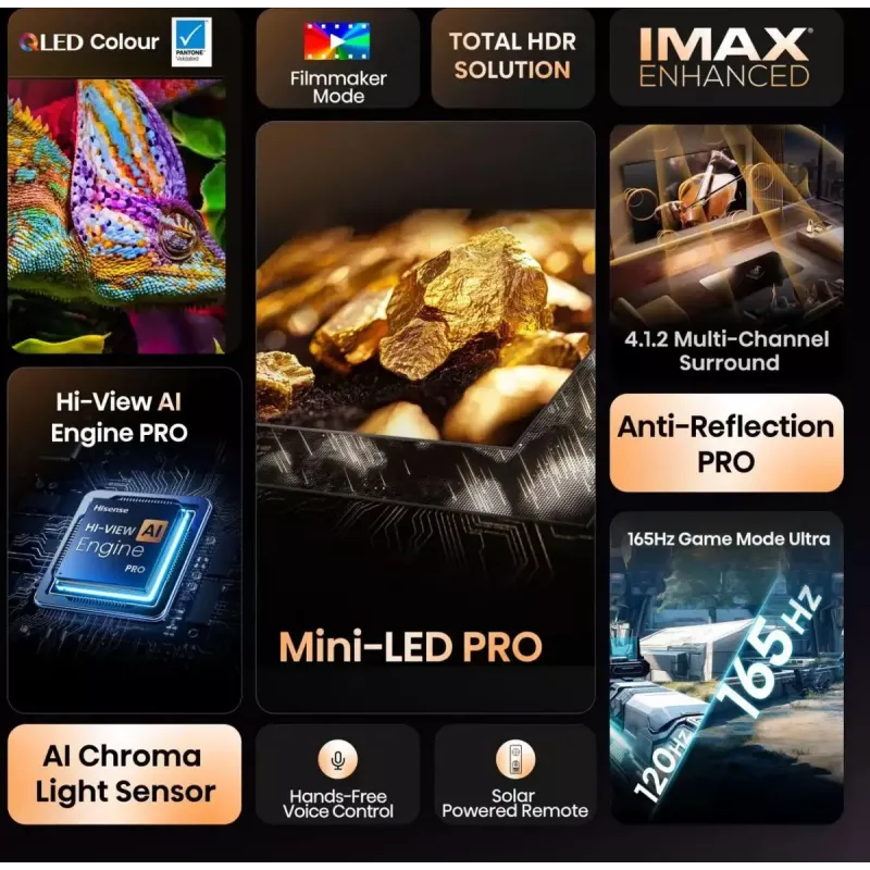 TV Hisense 100U8Q 100 Zoll (253 cm) 4K ULED Smart TV Mini LED, VIDAA, Wi‑Fi, DVB-T2/C/S2, Schwarz/Grau