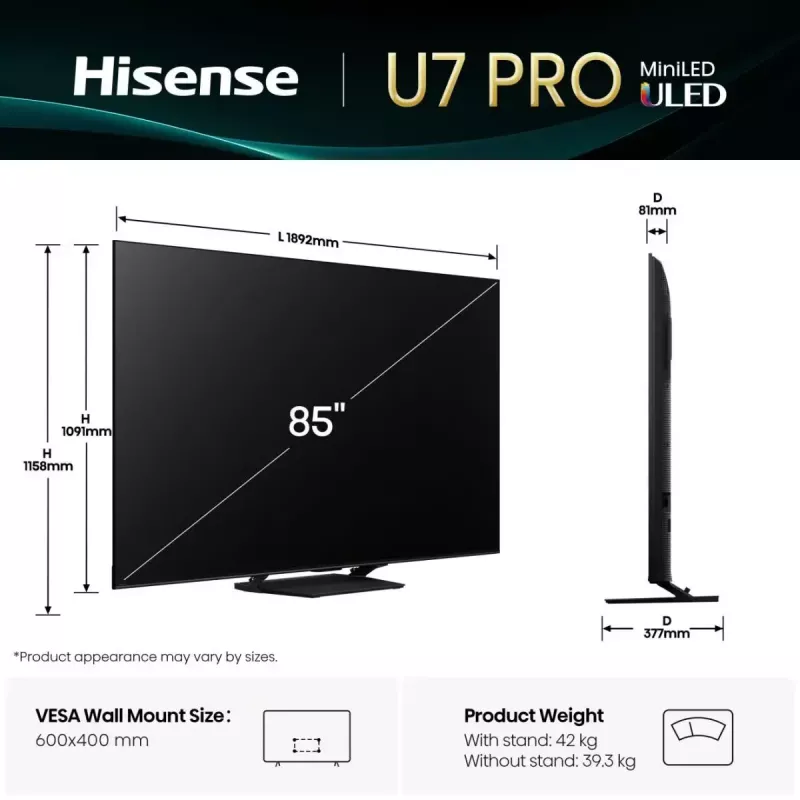 Hisense U7Q PRO 85U7Q PRO 2,16 m (85 Zoll) 4K Ultra HD Smart-TV WLAN Schwarz 500 cd/m²