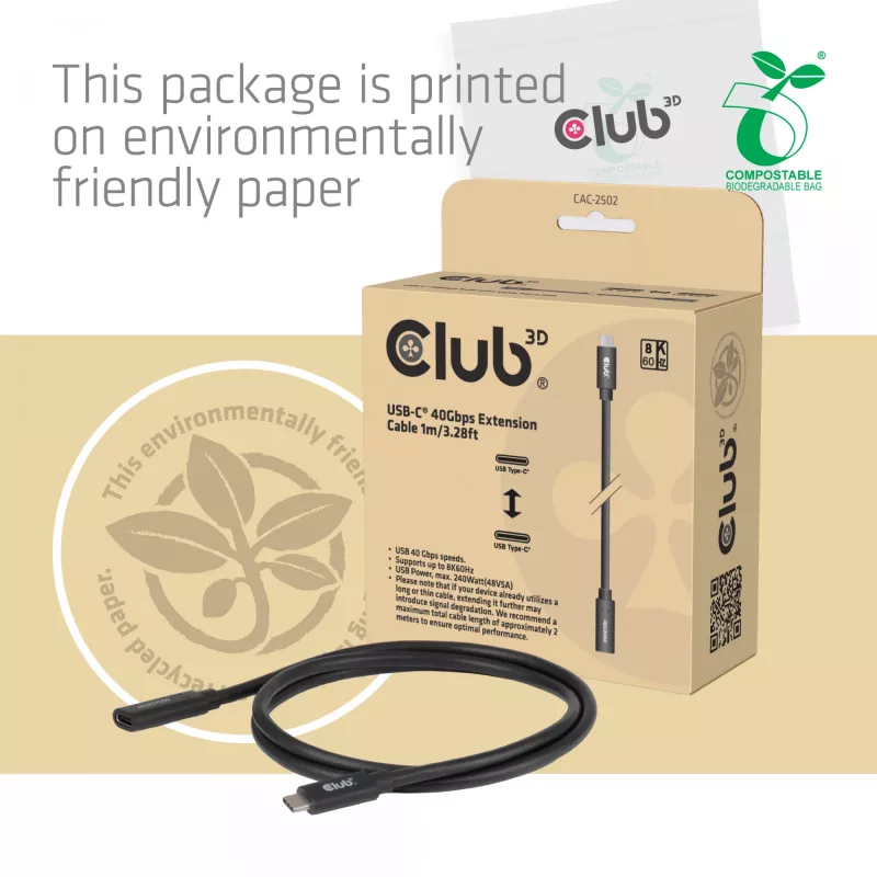 USB-C 40Gbps Verlängerungskabel 1 m — club 3d, USB C auf USB C, Schwarz