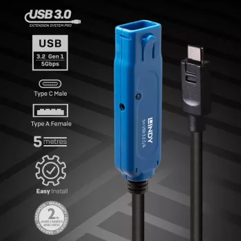 Lindy 5m USB 3.2 Gen 1 C/A Active Extension Pro, 5 m, USB C, USB A, USB 3.2 Gen 1 (3.1 Gen 1), Schwarz
