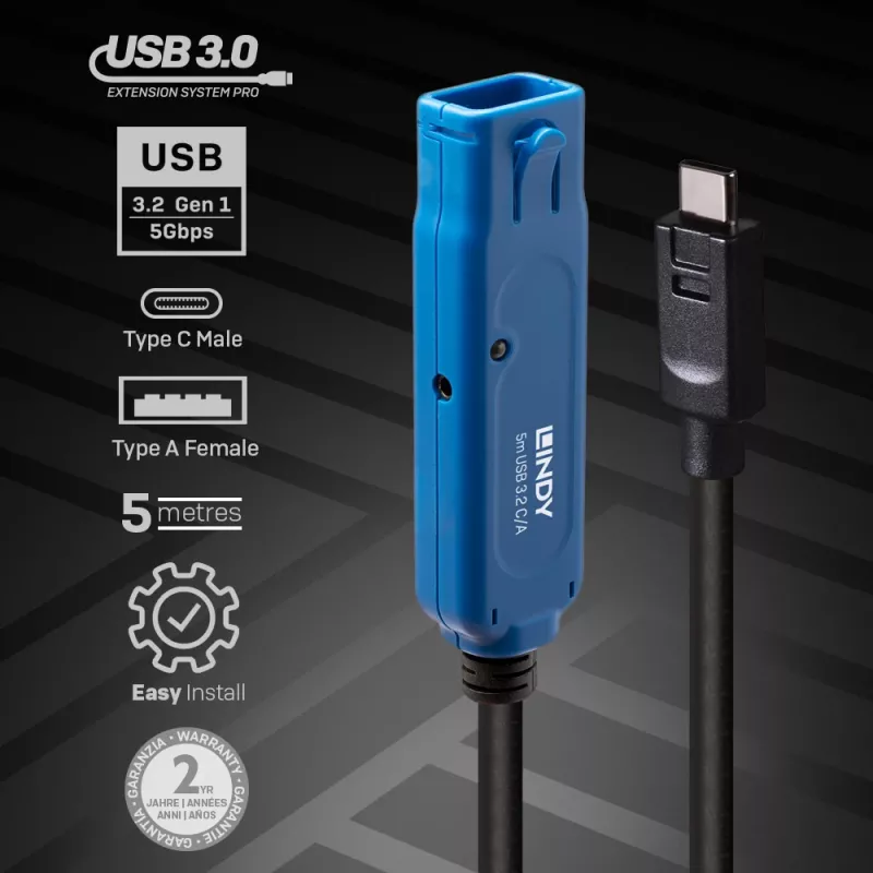 Lindy 5m USB 3.2 Gen 1 C/A Active Extension Pro, 5 m, USB C, USB A, USB 3.2 Gen 1 (3.1 Gen 1), Schwarz