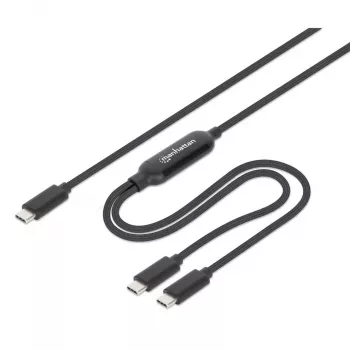 Manhattan Duales USB-C-auf-USB-C-Ladekabel, 100 W, 2 m, Stecker auf zwei Stecker, intelligentes Splitterkabel, lädt zwei Geräte über einen USB-C-PD-Anschluss, liefert bis zu 100 W beim Einzelladen und bis zu 70 W + 28 W beim Doppelladen, geflochtenes Kabel, Aluminiumstecker, Schwarz