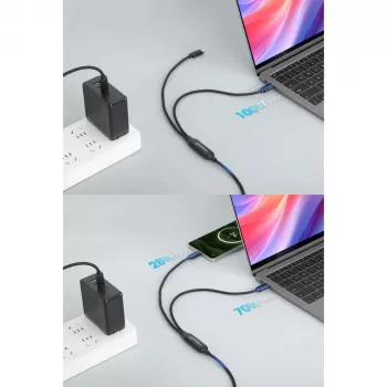 Manhattan Duales USB-C-auf-USB-C-Ladekabel, 100 W, 2 m, Stecker auf zwei Stecker, intelligentes Splitterkabel, lädt zwei Geräte über einen USB-C-PD-Anschluss, liefert bis zu 100 W beim Einzelladen und bis zu 70 W + 28 W beim Doppelladen, geflochtenes Kabel, Aluminiumstecker, Schwarz