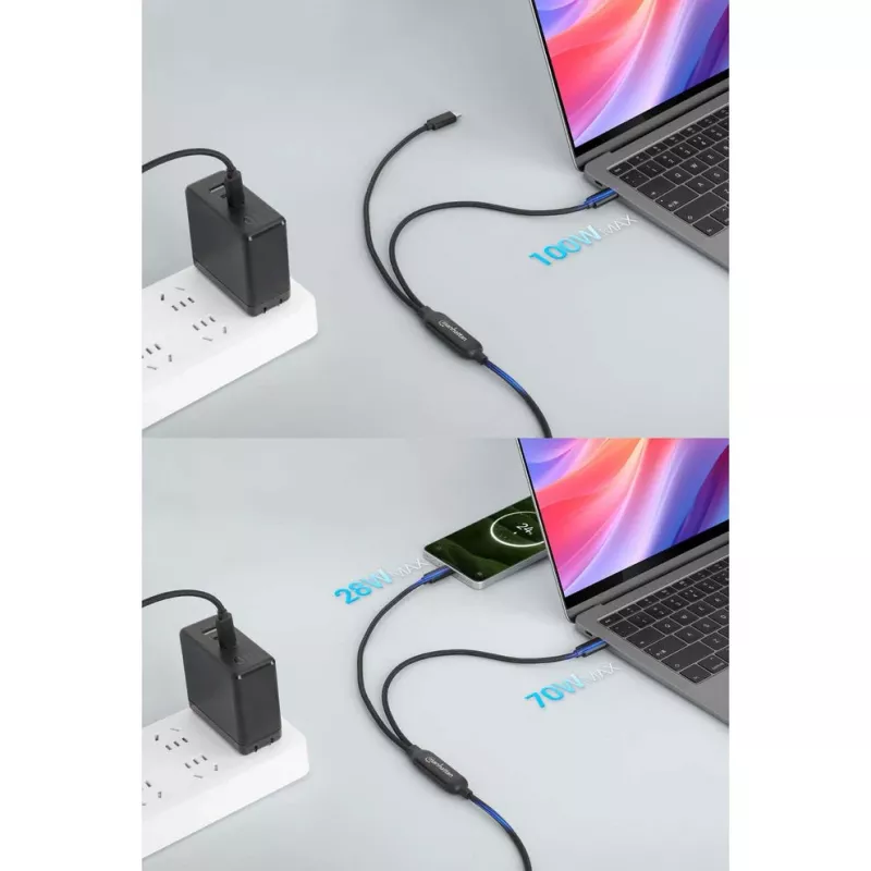Manhattan Duales USB-C-auf-USB-C-Ladekabel, 100 W, 2 m, Stecker auf zwei Stecker, intelligentes Splitterkabel, lädt zwei Geräte über einen USB-C-PD-Anschluss, liefert bis zu 100 W beim Einzelladen und bis zu 70 W + 28 W beim Doppelladen, geflochtenes Kabel, Aluminiumstecker, Schwarz