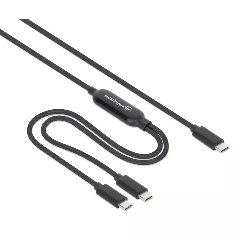 Manhattan Duales USB-C-auf-USB-C-Ladekabel, 100 W, 2 m, Stecker auf zwei Stecker, intelligentes Splitterkabel, lädt zwei Geräte über einen USB-C-PD-Anschluss, liefert bis zu 100 W beim Einzelladen und bis zu 70 W + 28 W beim Doppelladen, geflochtenes Kabel, Aluminiumstecker, Schwarz