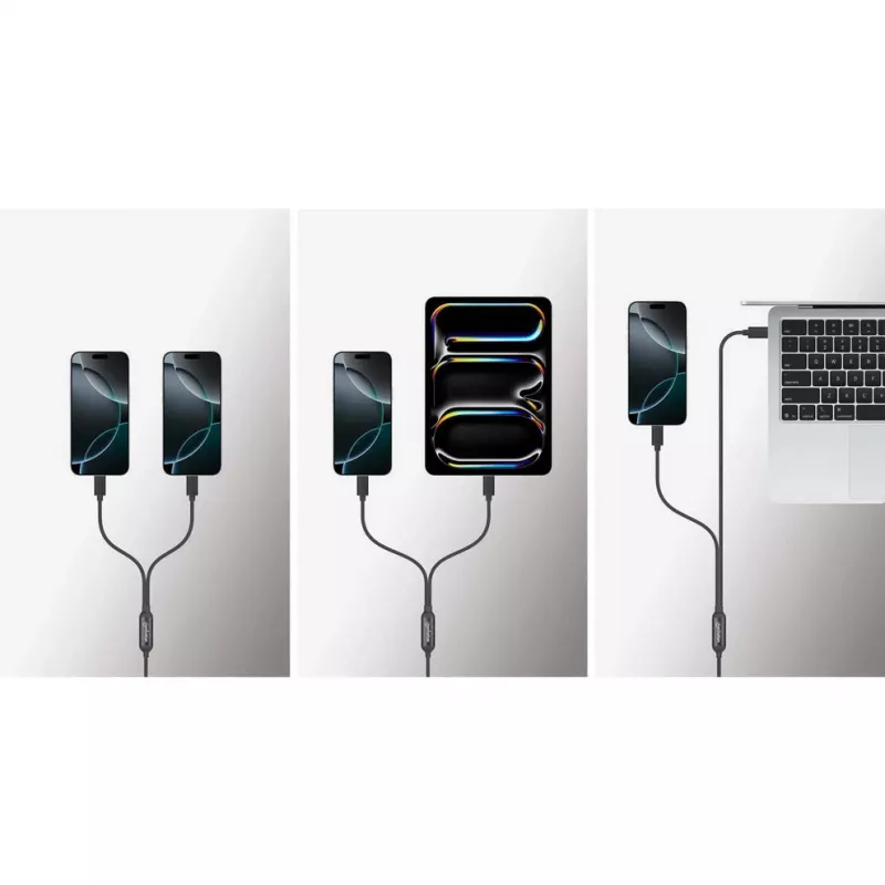 Manhattan Duales USB-C-auf-USB-C-Ladekabel, 100 W, 2 m, Stecker auf zwei Stecker, intelligentes Splitterkabel, lädt zwei Geräte über einen USB-C-PD-Anschluss, liefert bis zu 100 W beim Einzelladen und bis zu 70 W + 28 W beim Doppelladen, geflochtenes Kabel, Aluminiumstecker, Schwarz