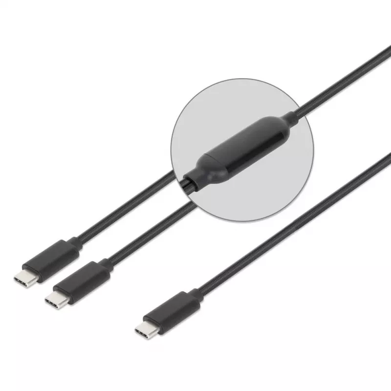 Manhattan Duales USB-C-auf-USB-C-Ladekabel, 100 W, 2 m, Stecker auf zwei Stecker, intelligentes Splitterkabel, lädt zwei Geräte über einen USB-C-PD-Anschluss, liefert bis zu 100 W beim Einzelladen und bis zu 70 W + 28 W beim Doppelladen, geflochtenes Kabel, Aluminiumstecker, Schwarz