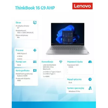 Laptop Lenovo ThinkBook 16 G9 21UT0077PB Windows 11 Pro, Intel (nicht angegeben), 16,0 Zoll WQXGA, 16 GB RAM, 512 GB SSD, Arctic Grau