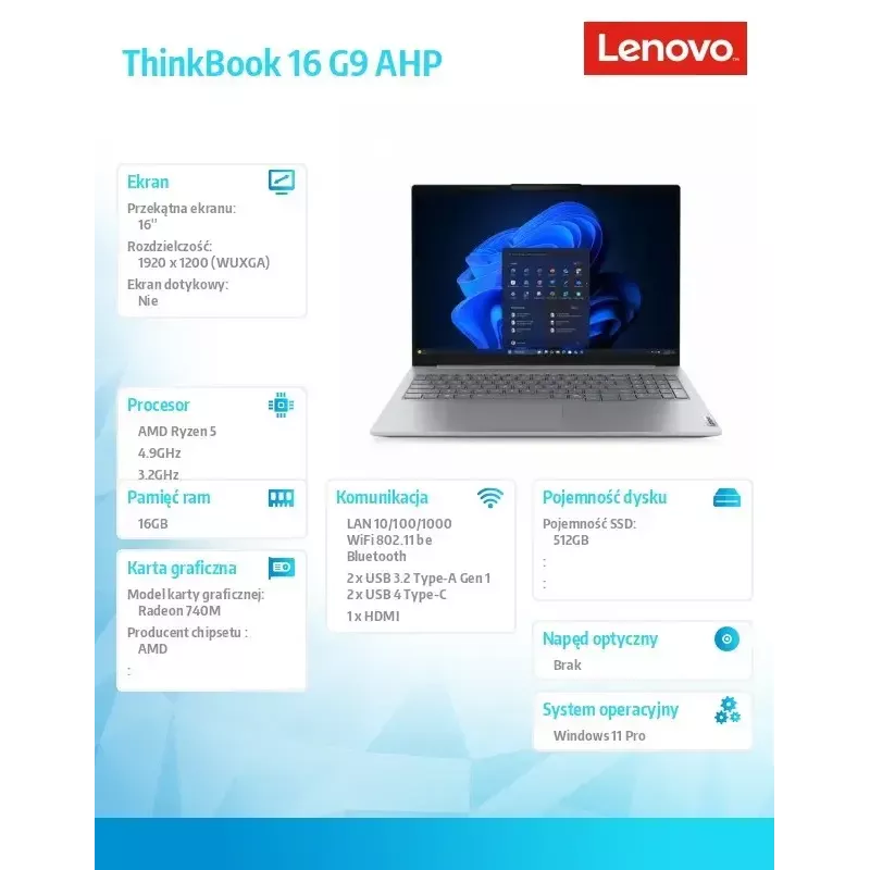 Laptop Lenovo ThinkBook 16 G9 21UT0077PB Windows 11 Pro, Intel (nicht angegeben), 16,0 Zoll WQXGA, 16 GB RAM, 512 GB SSD, Arctic Grau