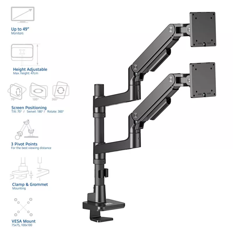 ACT Monitorarm 49 Zoll Office Premium, Gasfeder, Mastmontage, 2 Monitore