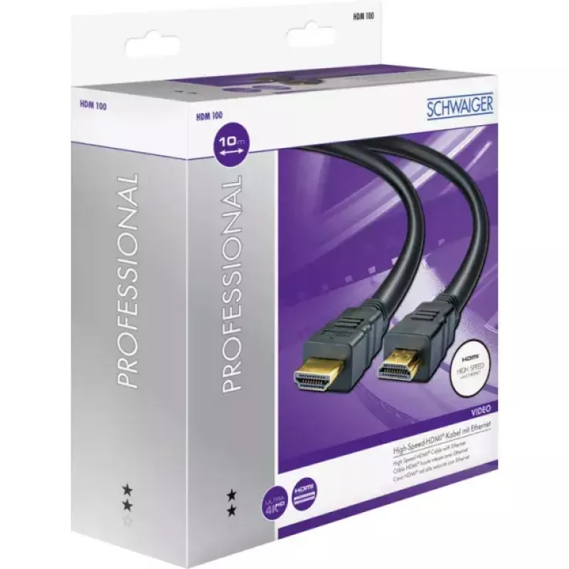 HDMI-Kabel SCHWAIGER HDM100 013 — 10 m, HDMI Typ A Stecker–Stecker, vergoldete Kontakte, schwarz