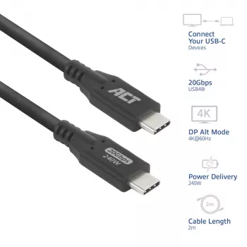 ACT USB4 20Gbps 240W USB Type-C-Kabel, 2 Meter, 2 m, USB C, USB C, USB4 Gen 2x2, 20 Gbit/s, Schwarz