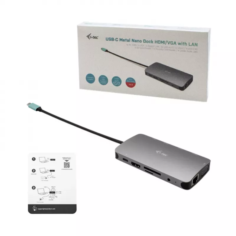 i-tec Metal USB-C Nano Dock HDMI/VGA mit LAN + Universal-Ladegerät 77 W