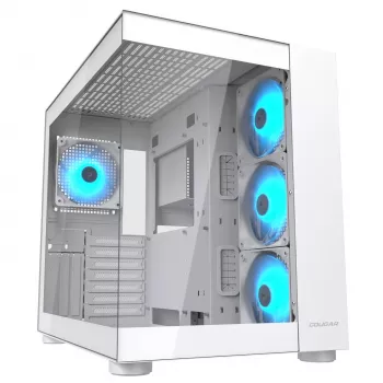PC-Midi-Tower-Gehäuse Cougar FV150 ARGB Weiß — ATX/Micro-ATX/Mini-ITX, 3x120mm vorne, 1x120mm hinten, 2x3,5-Zoll + 2x2,5-Zoll Einschübe, USB 3.2 Gen1