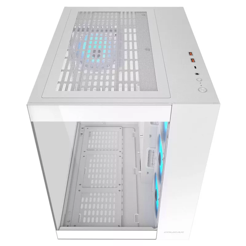 PC-Midi-Tower-Gehäuse Cougar FV150 ARGB Weiß — ATX/Micro-ATX/Mini-ITX, 3x120mm vorne, 1x120mm hinten, 2x3,5-Zoll + 2x2,5-Zoll Einschübe, USB 3.2 Gen1