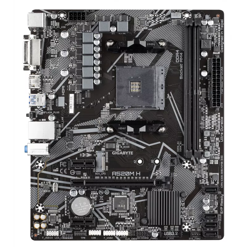 GIGABYTE A520M H Motherboard - Unterstützt AMD Ryzen 5000 Serie AM4 CPUs, 4+3 Phasen Pure Digital VRM, bis zu 5100 MHz DDR4 (OC), PCIe 3.0 x4 M.2, GbE LAN, USB 3.2 Gen 1