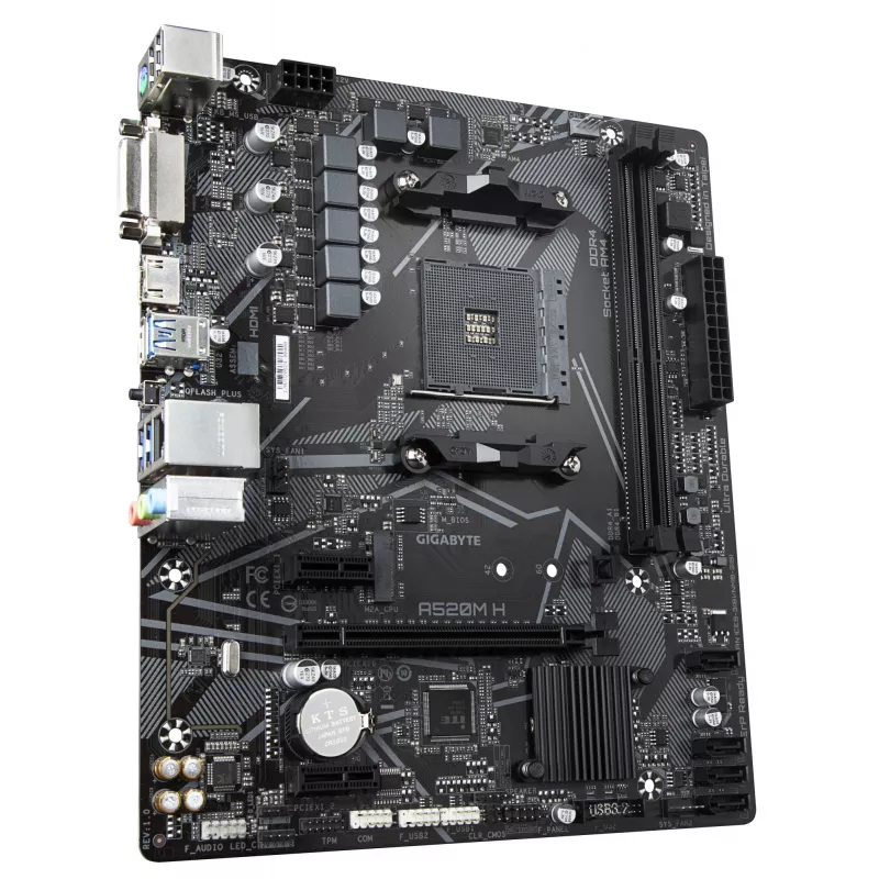 GIGABYTE A520M H Motherboard - Unterstützt AMD Ryzen 5000 Serie AM4 CPUs, 4+3 Phasen Pure Digital VRM, bis zu 5100 MHz DDR4 (OC), PCIe 3.0 x4 M.2, GbE LAN, USB 3.2 Gen 1