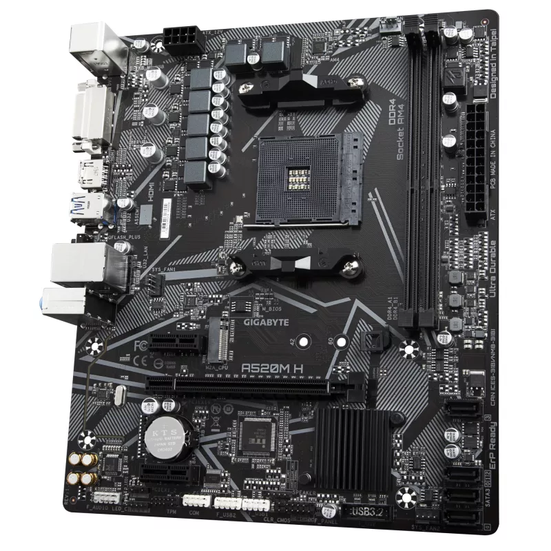 GIGABYTE A520M H Motherboard - Unterstützt AMD Ryzen 5000 Serie AM4 CPUs, 4+3 Phasen Pure Digital VRM, bis zu 5100 MHz DDR4 (OC), PCIe 3.0 x4 M.2, GbE LAN, USB 3.2 Gen 1