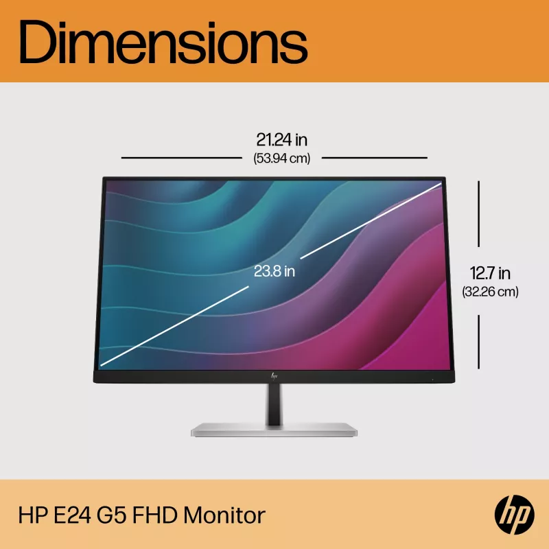 HP E24 G5 FHD PVC-freier Monitor, 60,5 cm (23,8 Zoll), 1920 x 1080 Pixel, Full HD, LCD, 5 ms, Schwarz, Silber