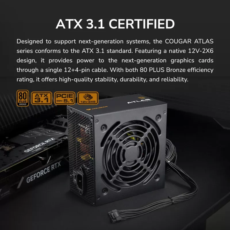 Netzteil Cougar ATLAS 750W ATX3.1 80 Plus Bronze, 750 W, 24-pol ATX, 120 mm Lüfter
