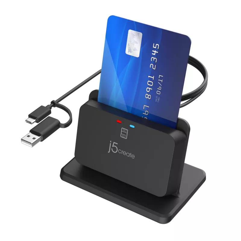 j5create JUR261 USB™ Smart Card / CAC Reader Stand, USB Type-A/USB Type-C, Schwarz, 95 g