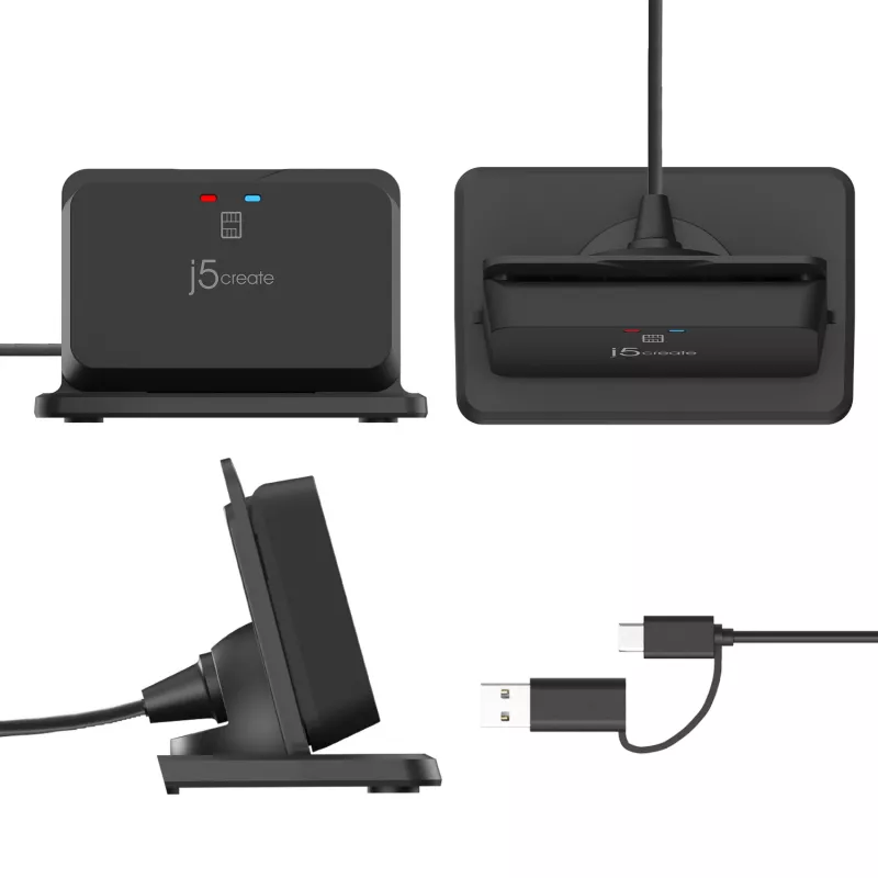 j5create JUR261 USB™ Smart Card / CAC Reader Stand, USB Type-A/USB Type-C, Schwarz, 95 g