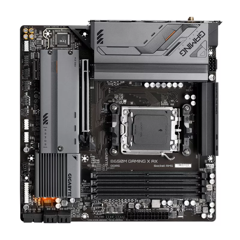 Motherboard GIGABYTE B650M GAMING X AX — AMD B650, Sockel AM5, Micro ATX, DDR5, 4 DIMM, 2x M.2, Wi‑Fi 6E, 2.5GbE