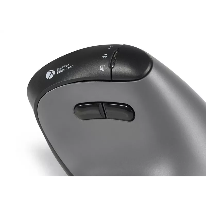 BakkerElkhuizen FastForward Pro Maus, Rechtshänder, Vertikales Design, Optisch, RF Wireless + Bluetooth + USB Typ-C, 5000 DPI, Schwarz, Grau