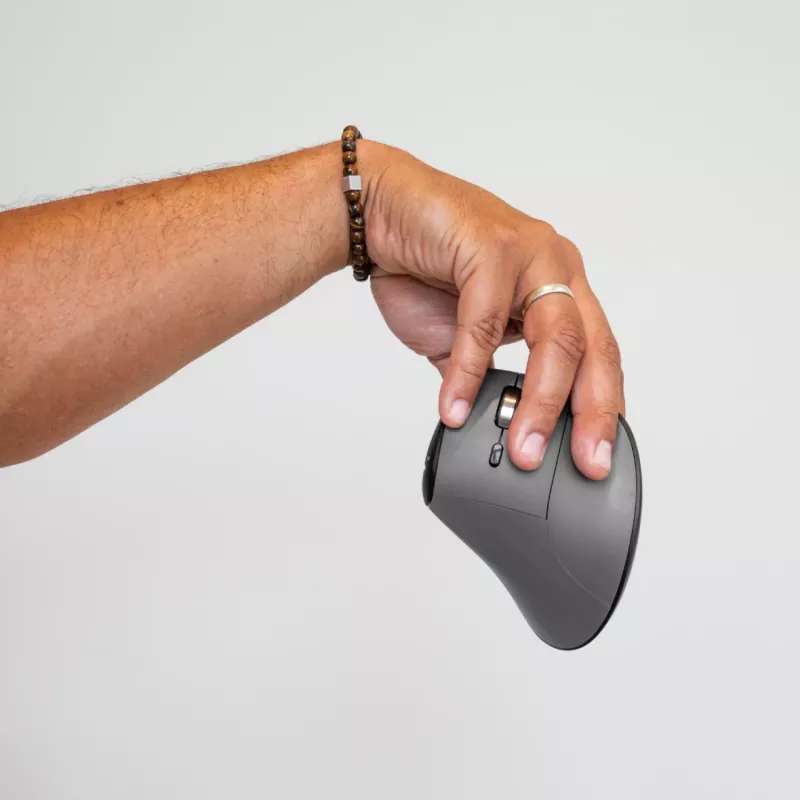 BakkerElkhuizen FastForward Pro Maus, Rechtshänder, Vertikales Design, Optisch, RF Wireless + Bluetooth + USB Typ-C, 5000 DPI, Schwarz, Grau